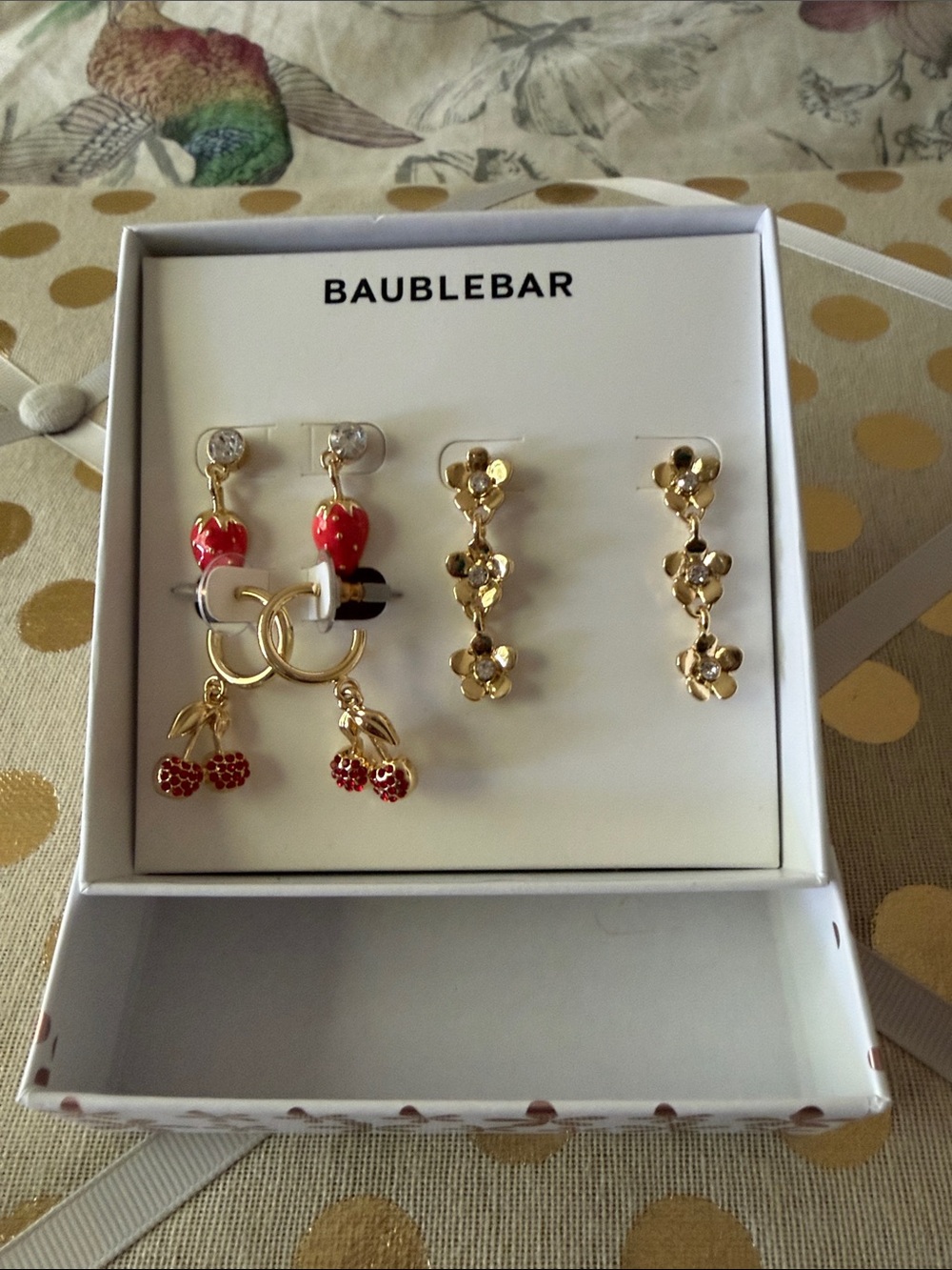 BaubleBar Gold Earrings with Red Cherry Red Strawberries and Floral Drops NWT